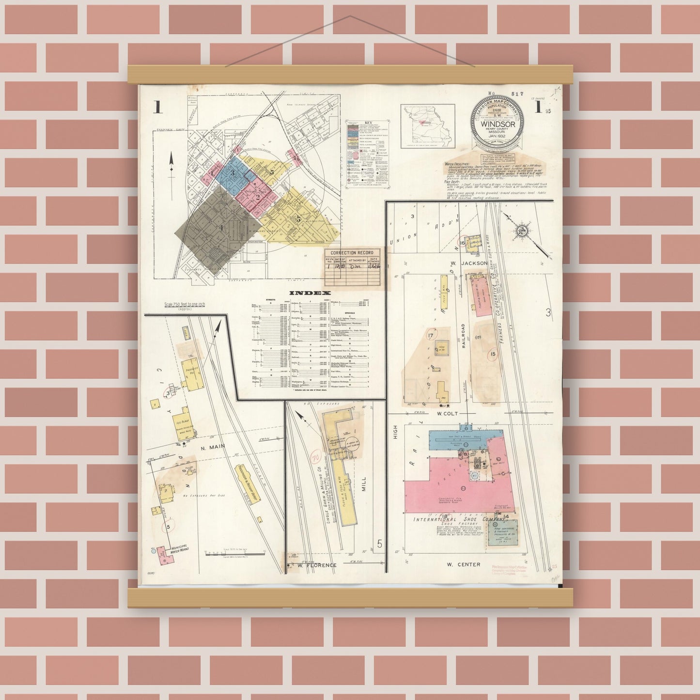 Old map wall art mockup — magnetic wood frame on brick wall — Sanborn Fire Insurance Map from Windsor, Henry County, Missouri (1943), Sheet #0001