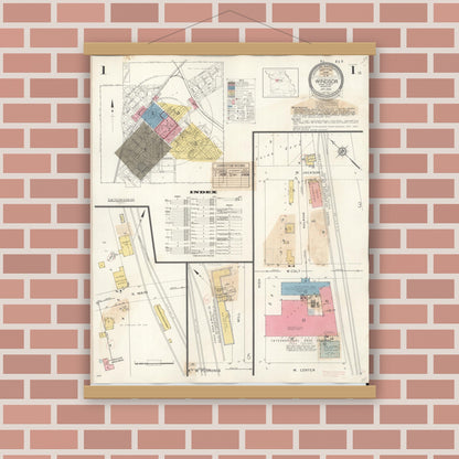 Old map wall art mockup — magnetic wood frame on brick wall — Sanborn Fire Insurance Map from Windsor, Henry County, Missouri (1943), Sheet #0001