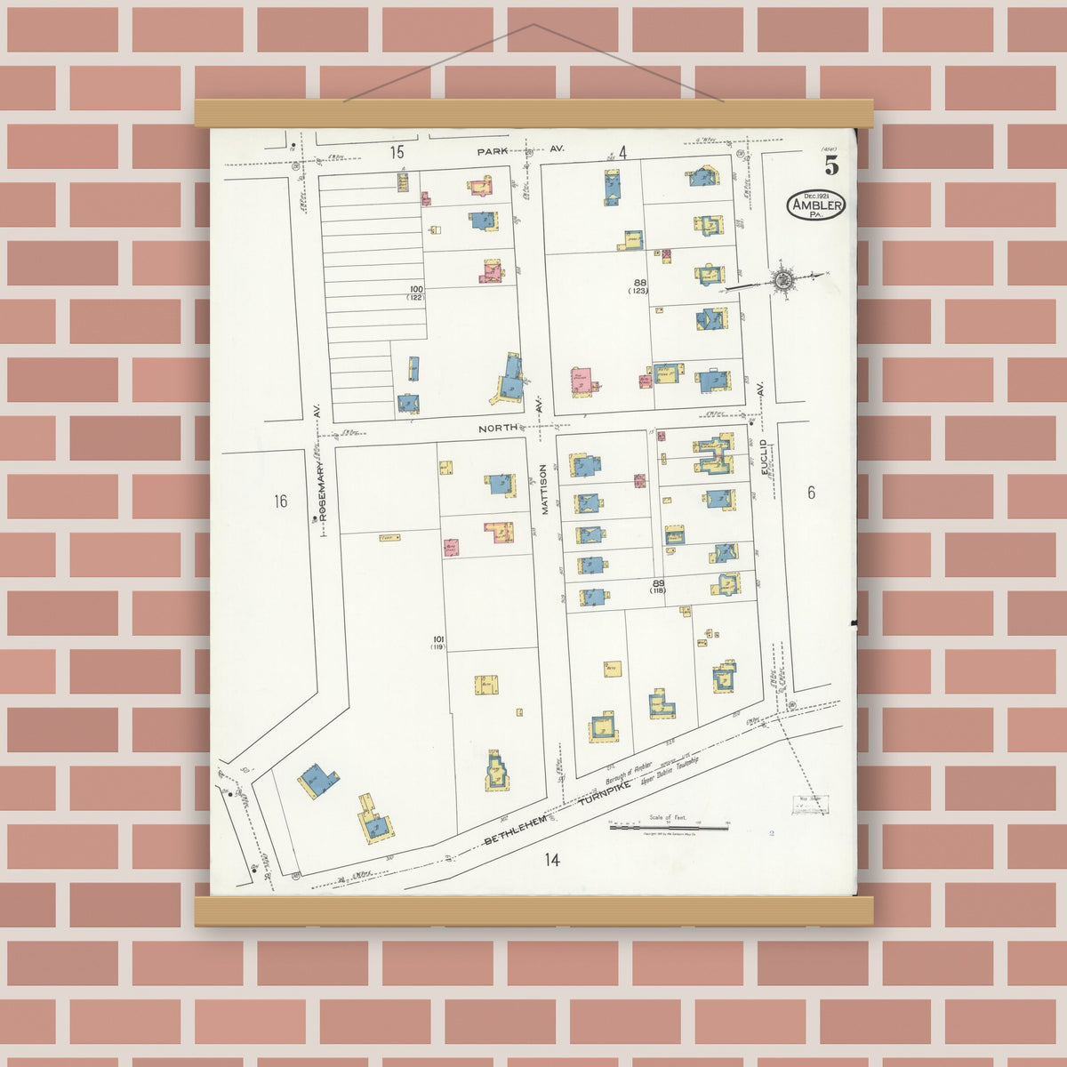 Old map wall art mockup — magnetic wood frame on brick wall — Sanborn Fire Insurance Map from Ambler, Montgomery County, Pennsylvania (1921), Sheet #0005