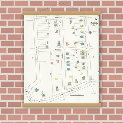 Old map wall art mockup — magnetic wood frame on brick wall — Sanborn Fire Insurance Map from Ambler, Montgomery County, Pennsylvania (1921), Sheet #0005