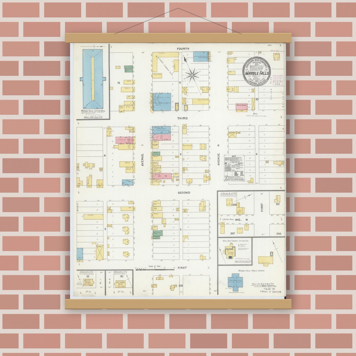 Old map wall art mockup — magnetic wood frame on brick wall — Sanborn Fire Insurance Map from Marble Falls, Burnet County, Texas (1905), Sheet #0001