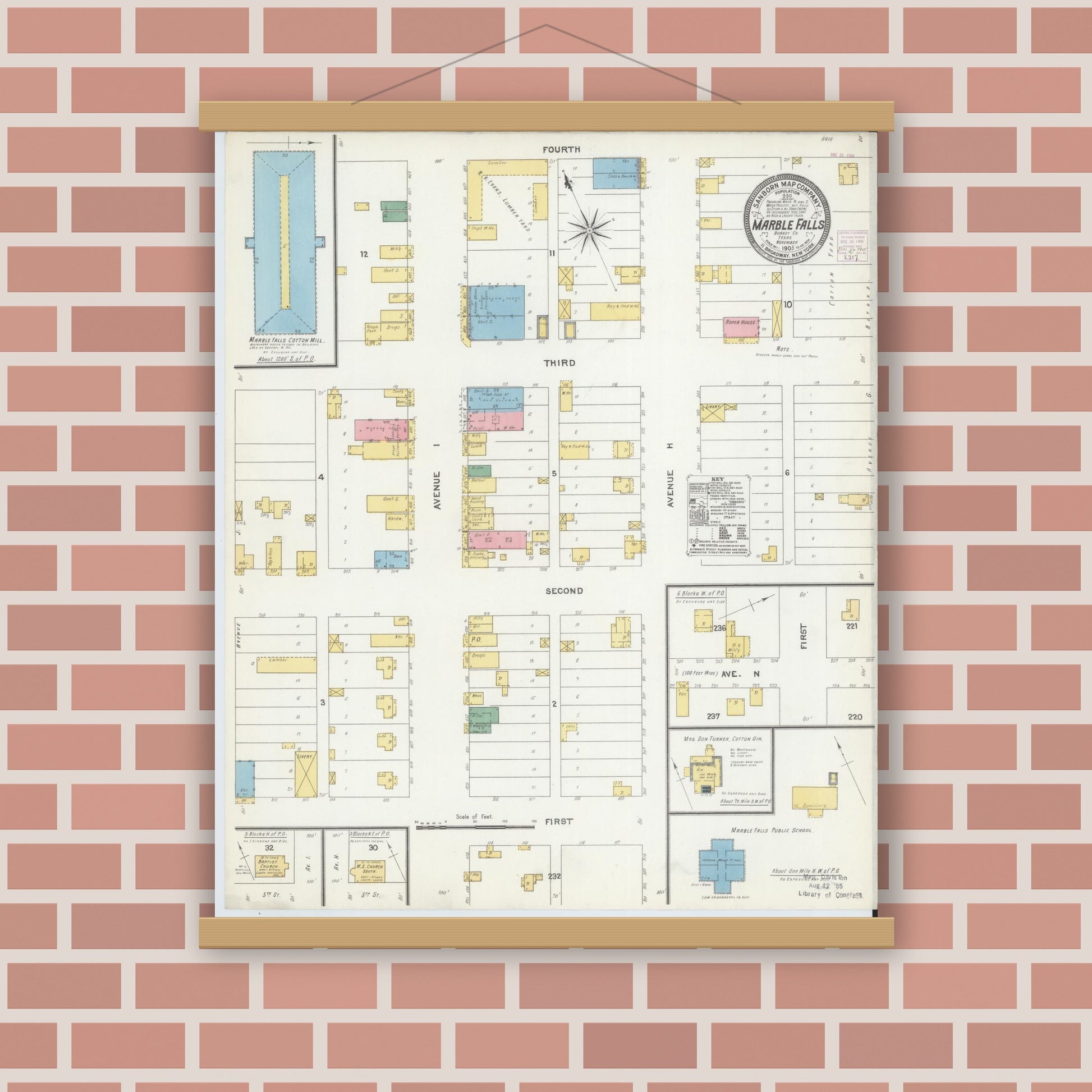 Old map wall art mockup — magnetic wood frame on brick wall — Sanborn Fire Insurance Map from Marble Falls, Burnet County, Texas (1905), Sheet #0001
