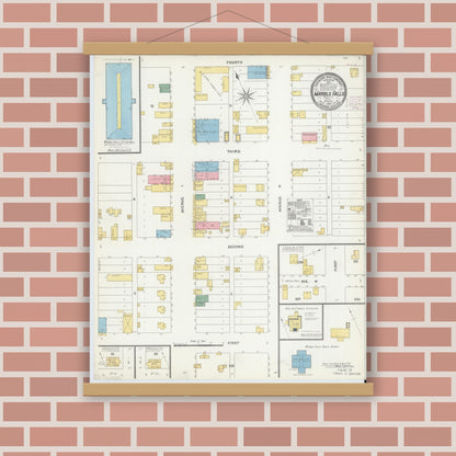 Old map wall art mockup — magnetic wood frame on brick wall — Sanborn Fire Insurance Map from Marble Falls, Burnet County, Texas (1905), Sheet #0001