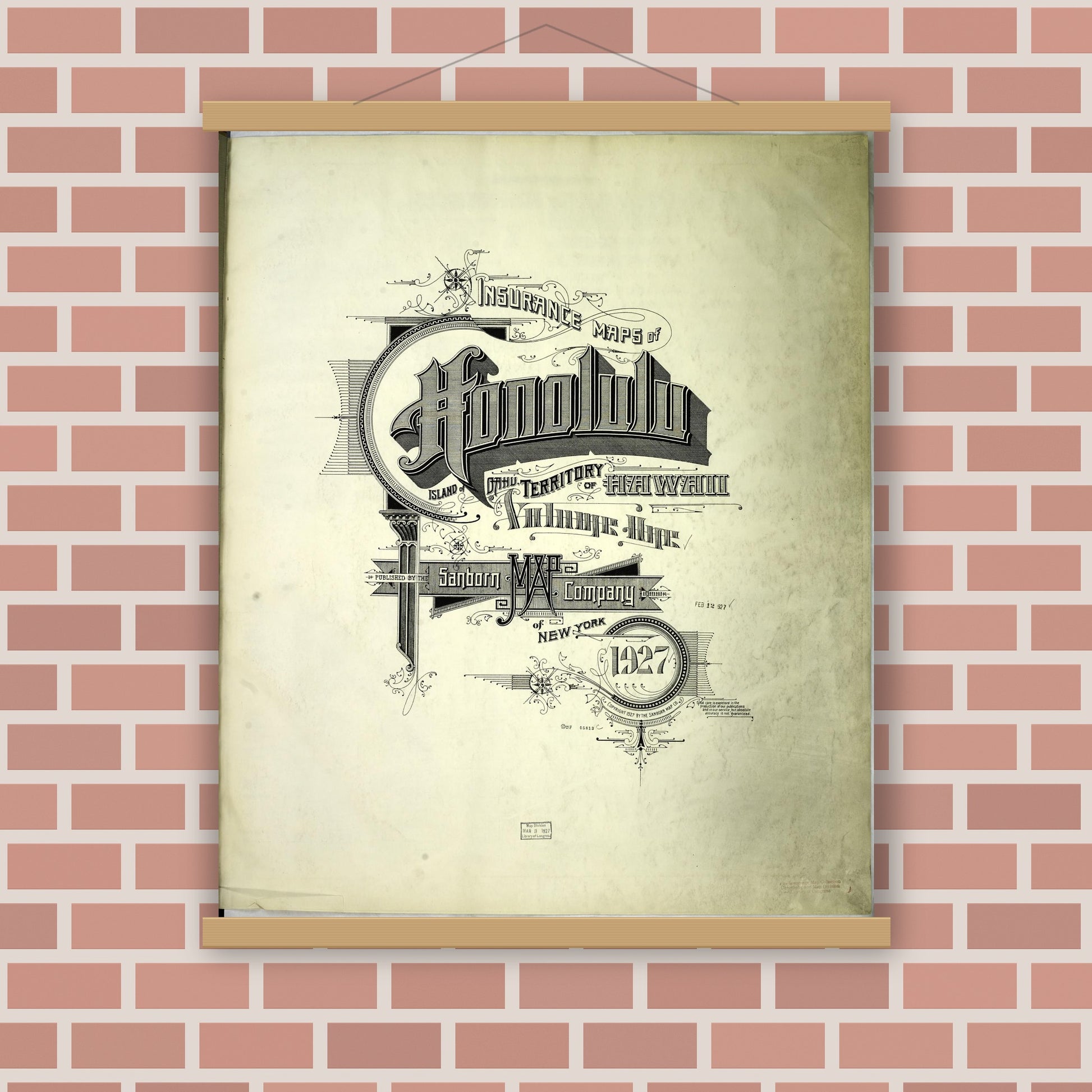 Old map wall art mockup — magnetic wood frame on brick wall — Sanborn Fire Insurance Map from Honolulu, Oahu County, Hawaii (1927), Sheet #0001