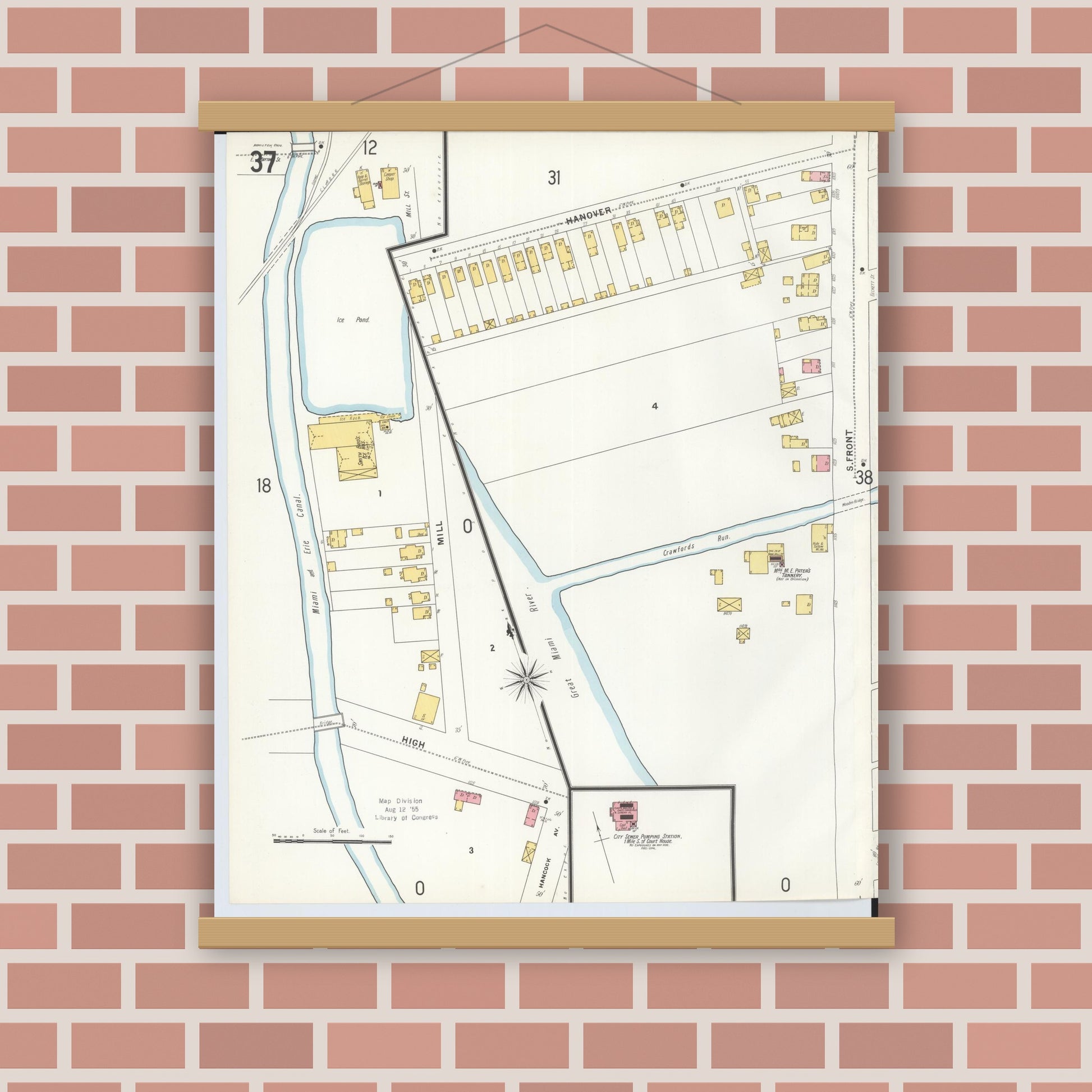 Old map wall art mockup — magnetic wood frame on brick wall — Sanborn Fire Insurance Map from Hamilton, Butler County, Ohio (1899), Sheet #0037