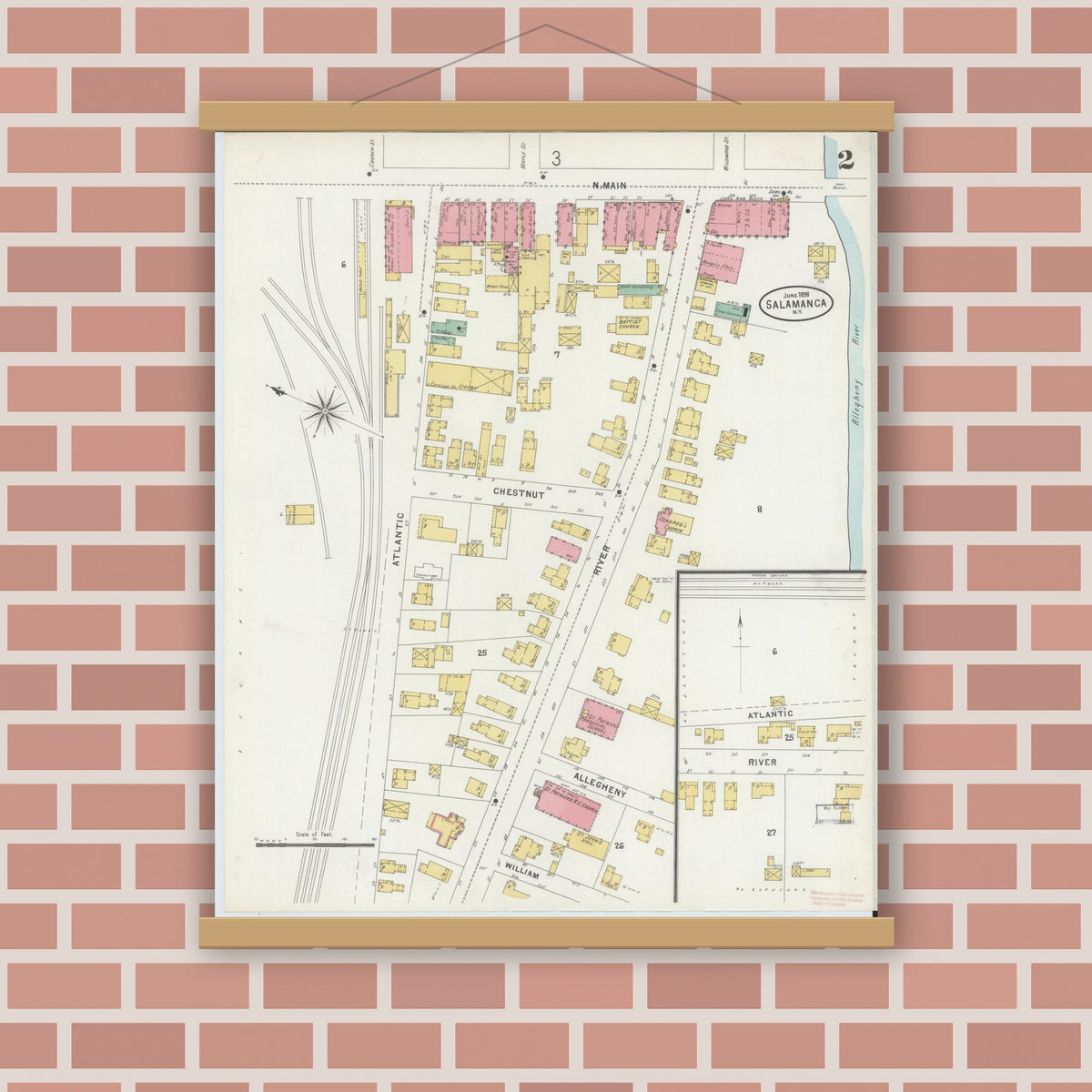 Old map wall art mockup — magnetic wood frame on brick wall — Sanborn Fire Insurance Map from Salamanca, Cattaraugus County, New York (1898), Sheet #0002