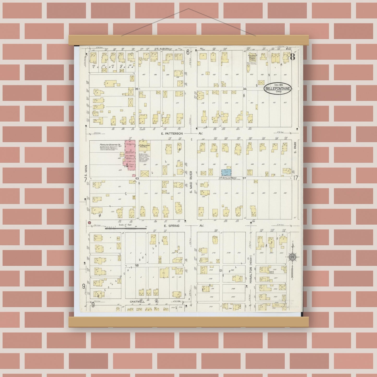 Old map wall art mockup — magnetic wood frame on brick wall — Sanborn Fire Insurance Map from Bellefontaine, Logan County, Ohio (1914), Sheet #0008