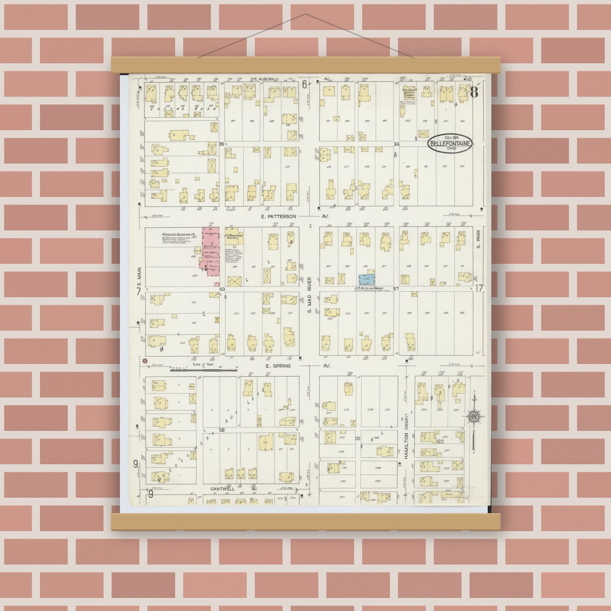 Old map wall art mockup — magnetic wood frame on brick wall — Sanborn Fire Insurance Map from Bellefontaine, Logan County, Ohio (1914), Sheet #0008