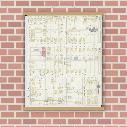 Old map wall art mockup — magnetic wood frame on brick wall — Sanborn Fire Insurance Map from Bellefontaine, Logan County, Ohio (1914), Sheet #0008