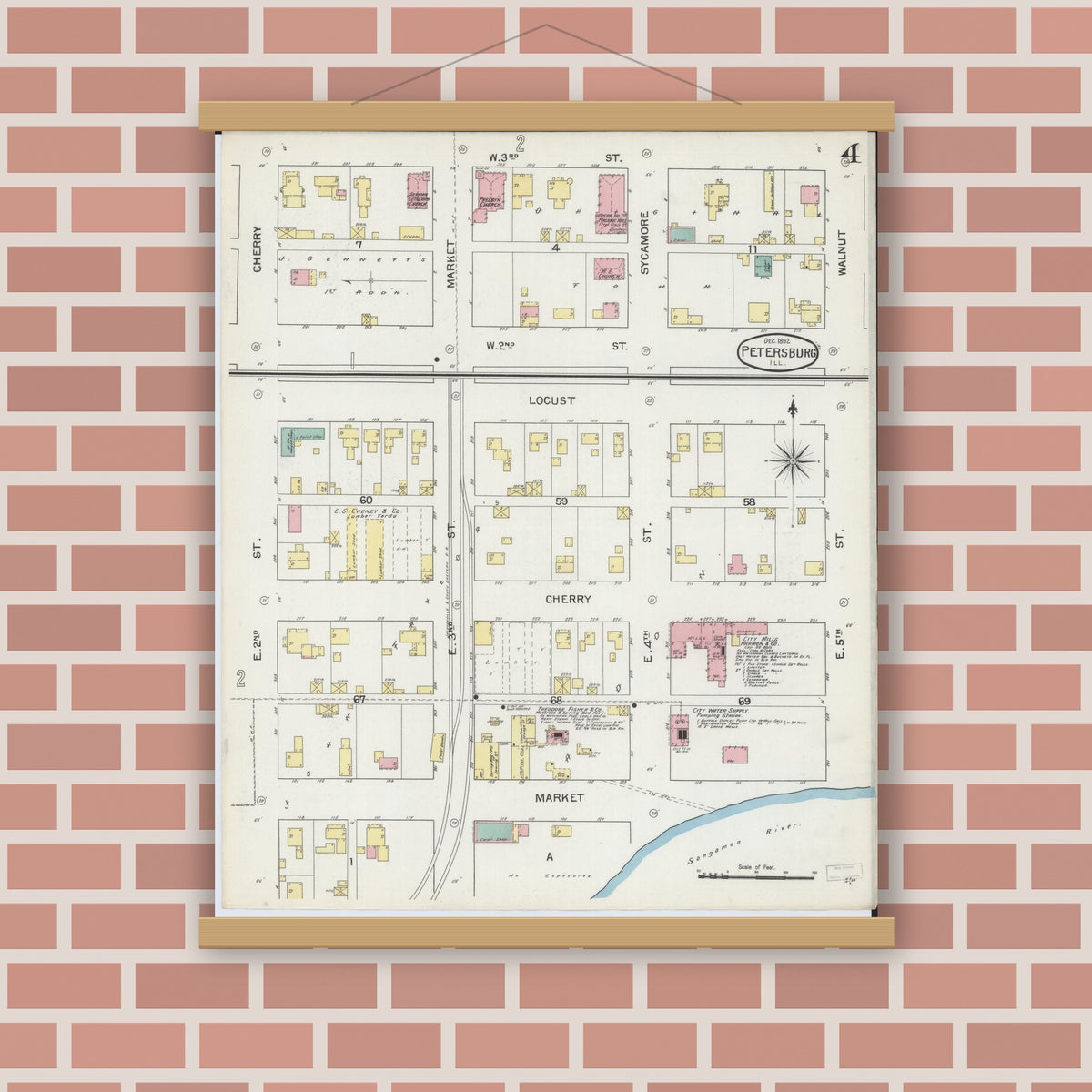 Old map wall art mockup — magnetic wood frame on brick wall — Sanborn Fire Insurance Map from Petersburg, Menard County, Illinois (1892), Sheet #0004