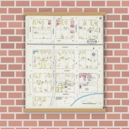 Old map wall art mockup — magnetic wood frame on brick wall — Sanborn Fire Insurance Map from Petersburg, Menard County, Illinois (1892), Sheet #0004