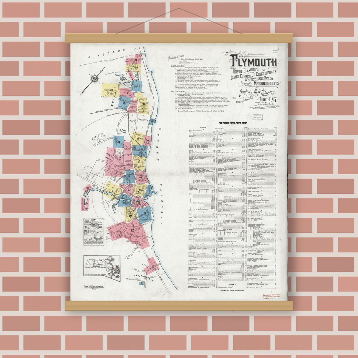 Old map wall art mockup — magnetic wood frame on brick wall — Sanborn Fire Insurance Map from Plymouth, Plymouth County, Massachusetts (1927) - Complete Map Set