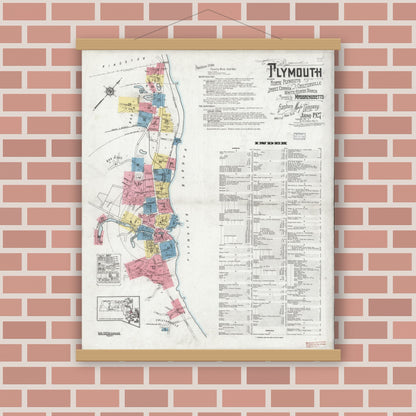 Old map wall art mockup — magnetic wood frame on brick wall — Sanborn Fire Insurance Map from Plymouth, Plymouth County, Massachusetts (1927) - Complete Map Set