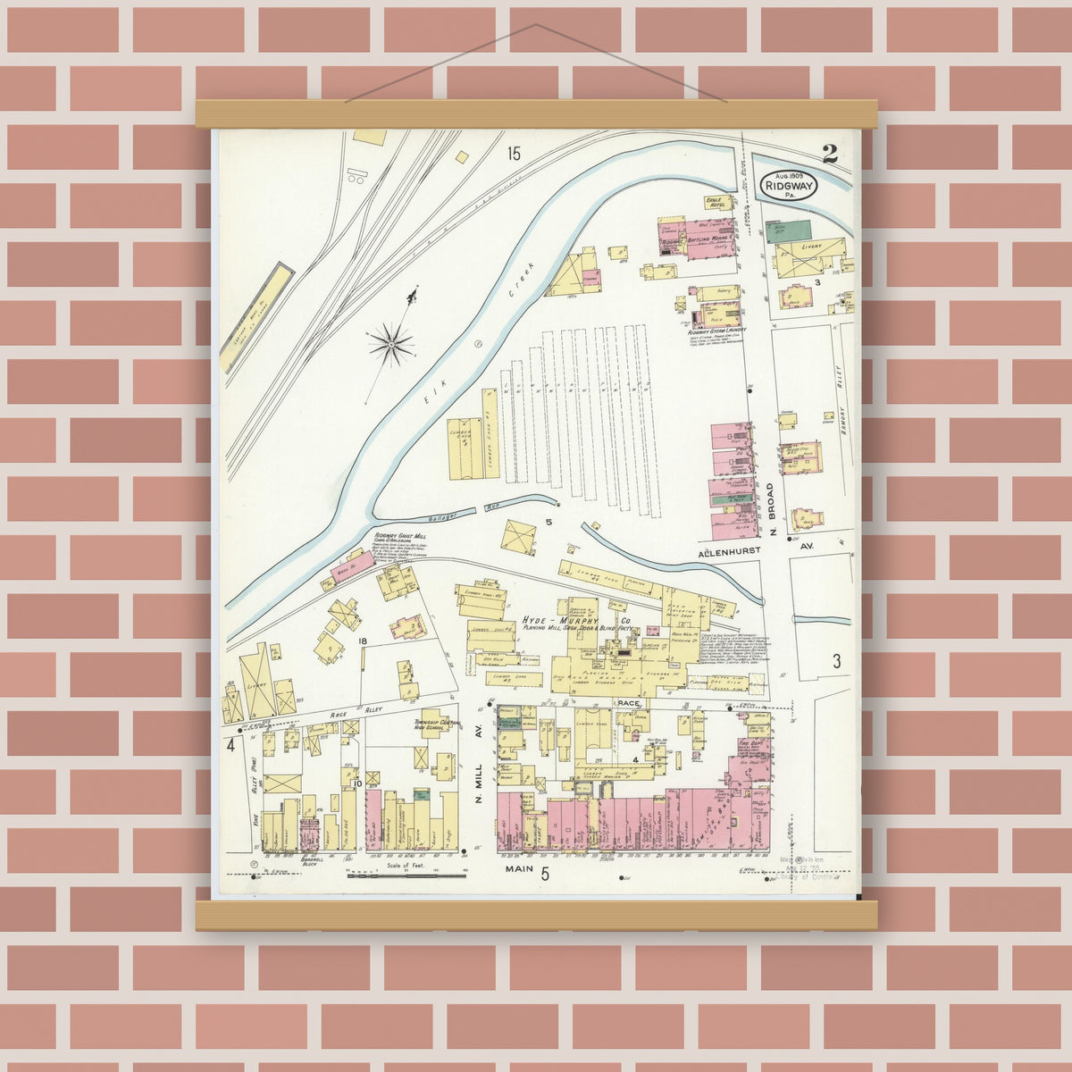 Old map wall art mockup — magnetic wood frame on brick wall — Sanborn Fire Insurance Map from Ridgway, Elk County, Pennsylvania (1909), Sheet #0002