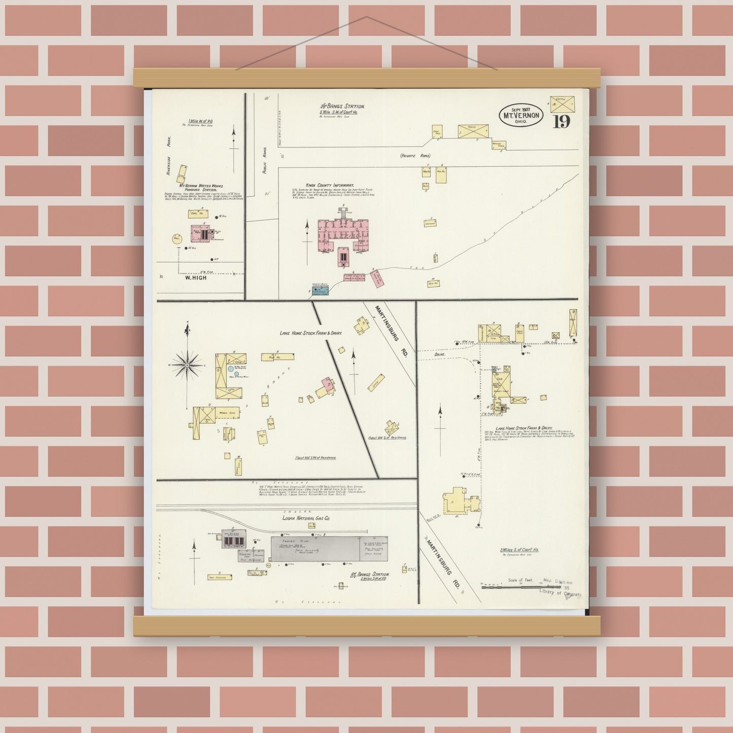 Old map wall art mockup — magnetic wood frame on brick wall — Sanborn Fire Insurance Map from Mount Vernon, Knox County, Ohio (1907), Sheet #0019