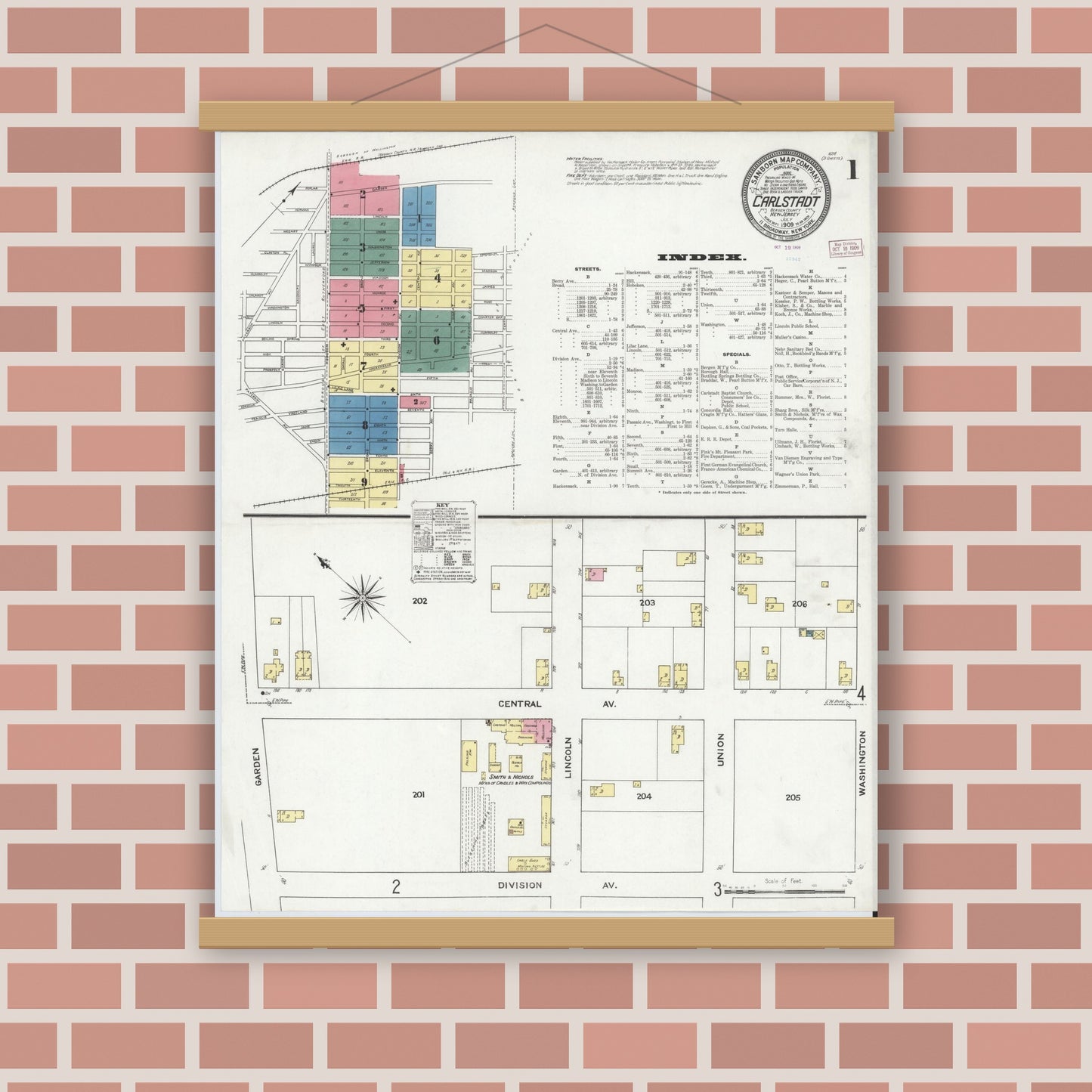 Old map wall art mockup — magnetic wood frame on brick wall — Sanborn Fire Insurance Map from Carlstadt, Bergen County, New Jersey (1909) - Complete Map Set