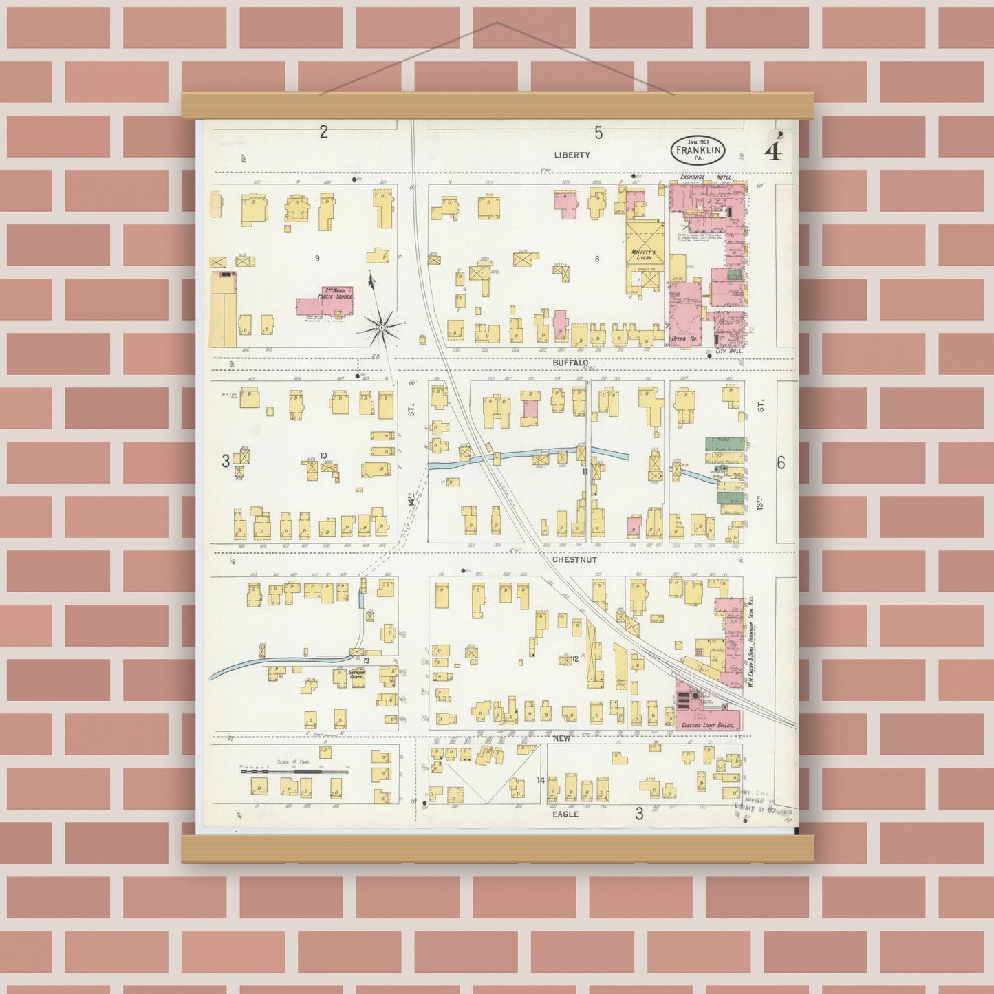 Old map wall art mockup — magnetic wood frame on brick wall — Sanborn Fire Insurance Map from Franklin, Venango County, Pennsylvania (1901), Sheet #0004