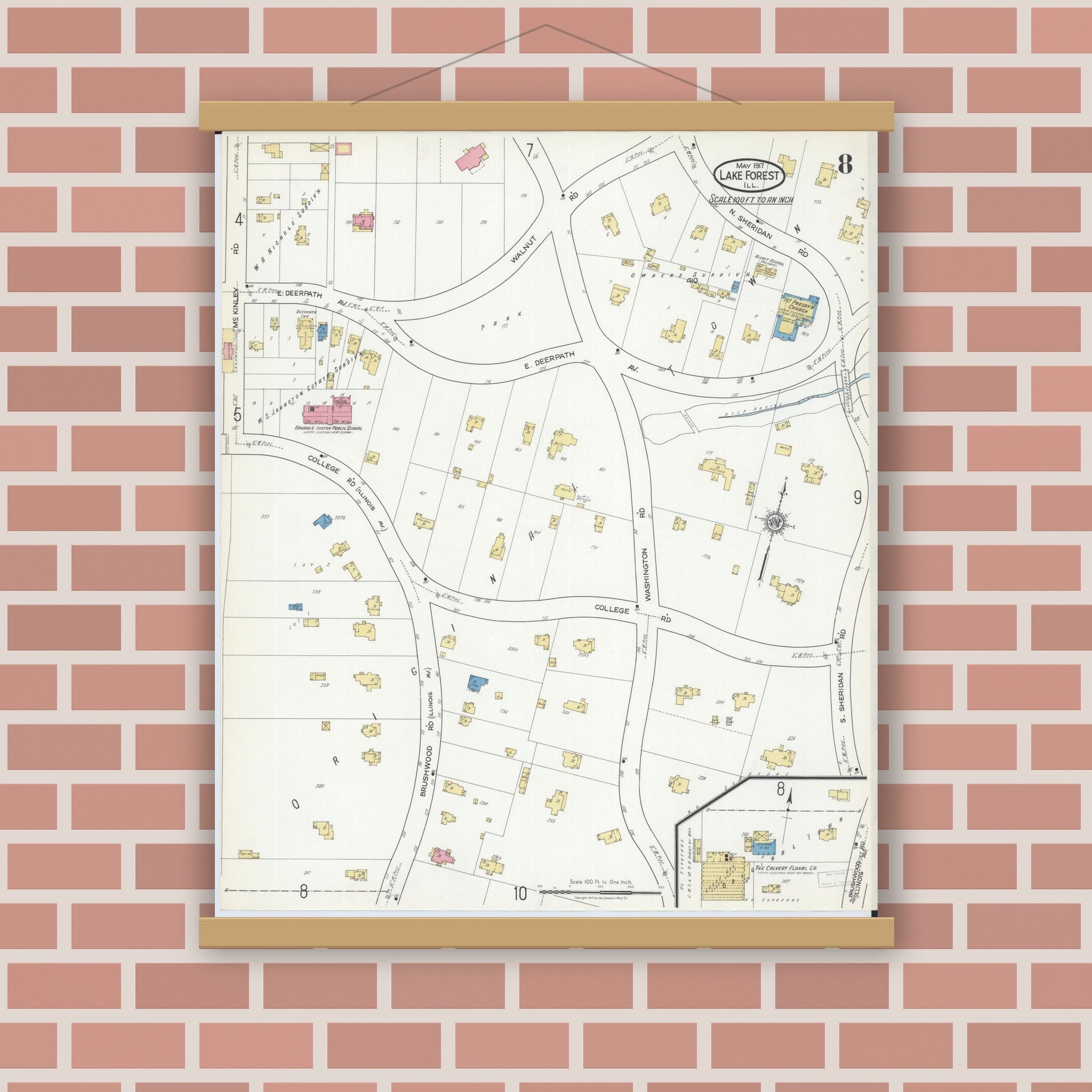 Old map wall art mockup — magnetic wood frame on brick wall — Sanborn Fire Insurance Map from Lake Forest, Lake County, Illinois (1917), Sheet #0008