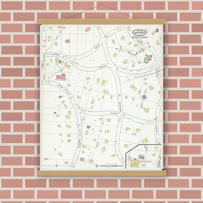 Old map wall art mockup — magnetic wood frame on brick wall — Sanborn Fire Insurance Map from Lake Forest, Lake County, Illinois (1917), Sheet #0008