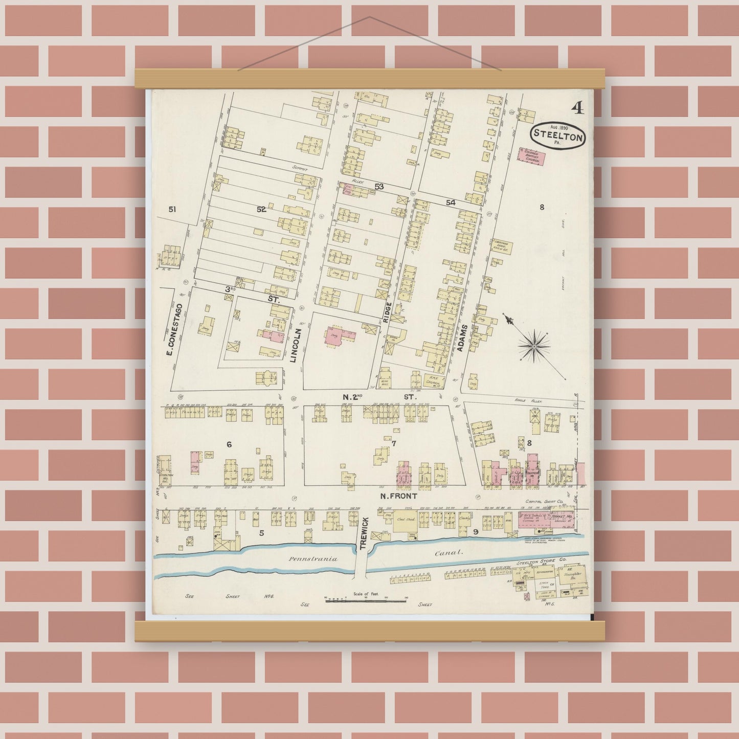 Old map wall art mockup — magnetic wood frame on brick wall — Sanborn Fire Insurance Map from Steelton, Dauphin County, Pennsylvania (1890), Sheet #0004