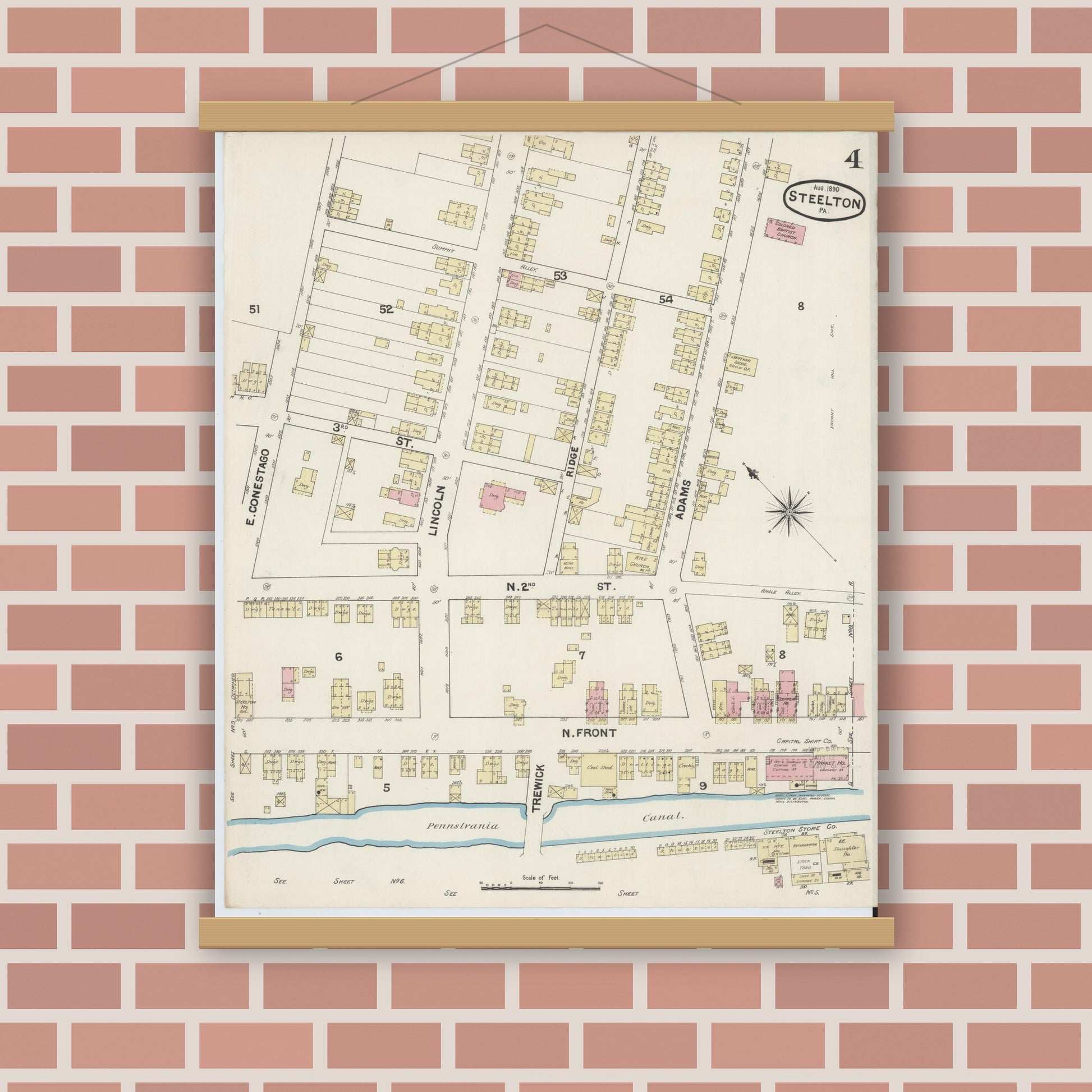 Old map wall art mockup — magnetic wood frame on brick wall — Sanborn Fire Insurance Map from Steelton, Dauphin County, Pennsylvania (1890), Sheet #0004