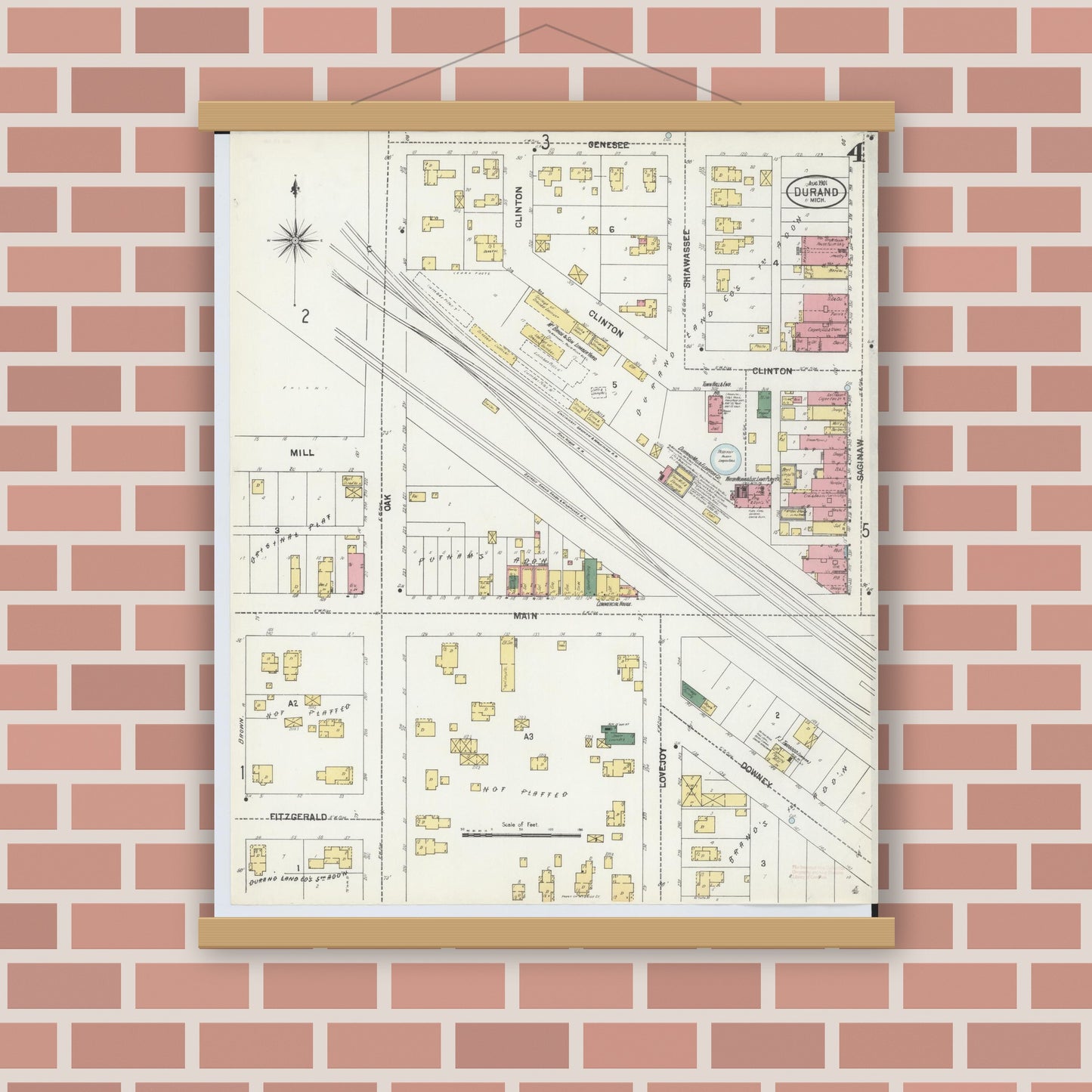 Old map wall art mockup — magnetic wood frame on brick wall — Sanborn Fire Insurance Map from Durand, Shiawassee County, Michigan (1901), Sheet #0004