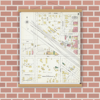 Old map wall art mockup — magnetic wood frame on brick wall — Sanborn Fire Insurance Map from Durand, Shiawassee County, Michigan (1901), Sheet #0004