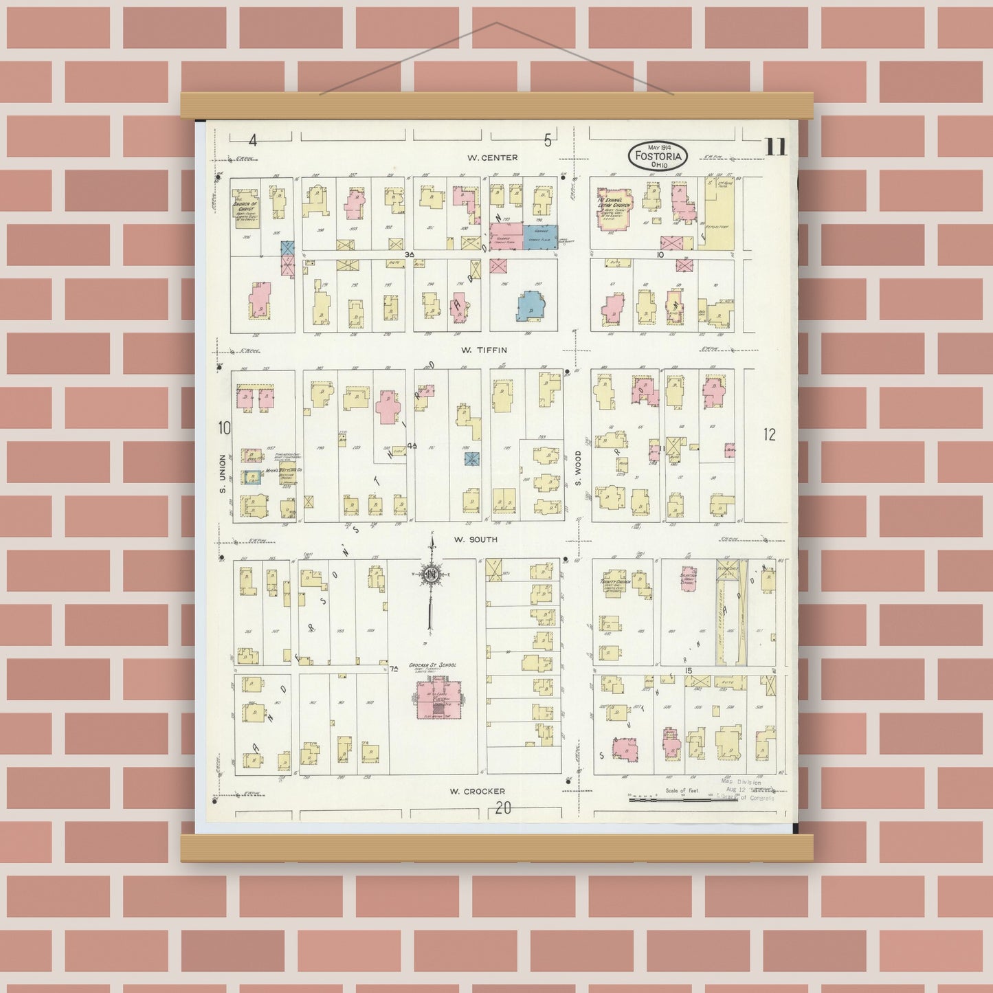 Old map wall art mockup — magnetic wood frame on brick wall — Sanborn Fire Insurance Map from Fostoria, Seneca, Hancock, And Wood Counties, Ohio (1914), Sheet #0011
