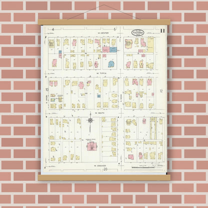 Old map wall art mockup — magnetic wood frame on brick wall — Sanborn Fire Insurance Map from Fostoria, Seneca, Hancock, And Wood Counties, Ohio (1914), Sheet #0011