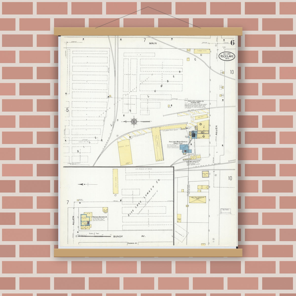 Old map wall art mockup — magnetic wood frame on brick wall — Sanborn Fire Insurance Map from Rice Lake, Barron County, Wisconsin (1909), Sheet #0006