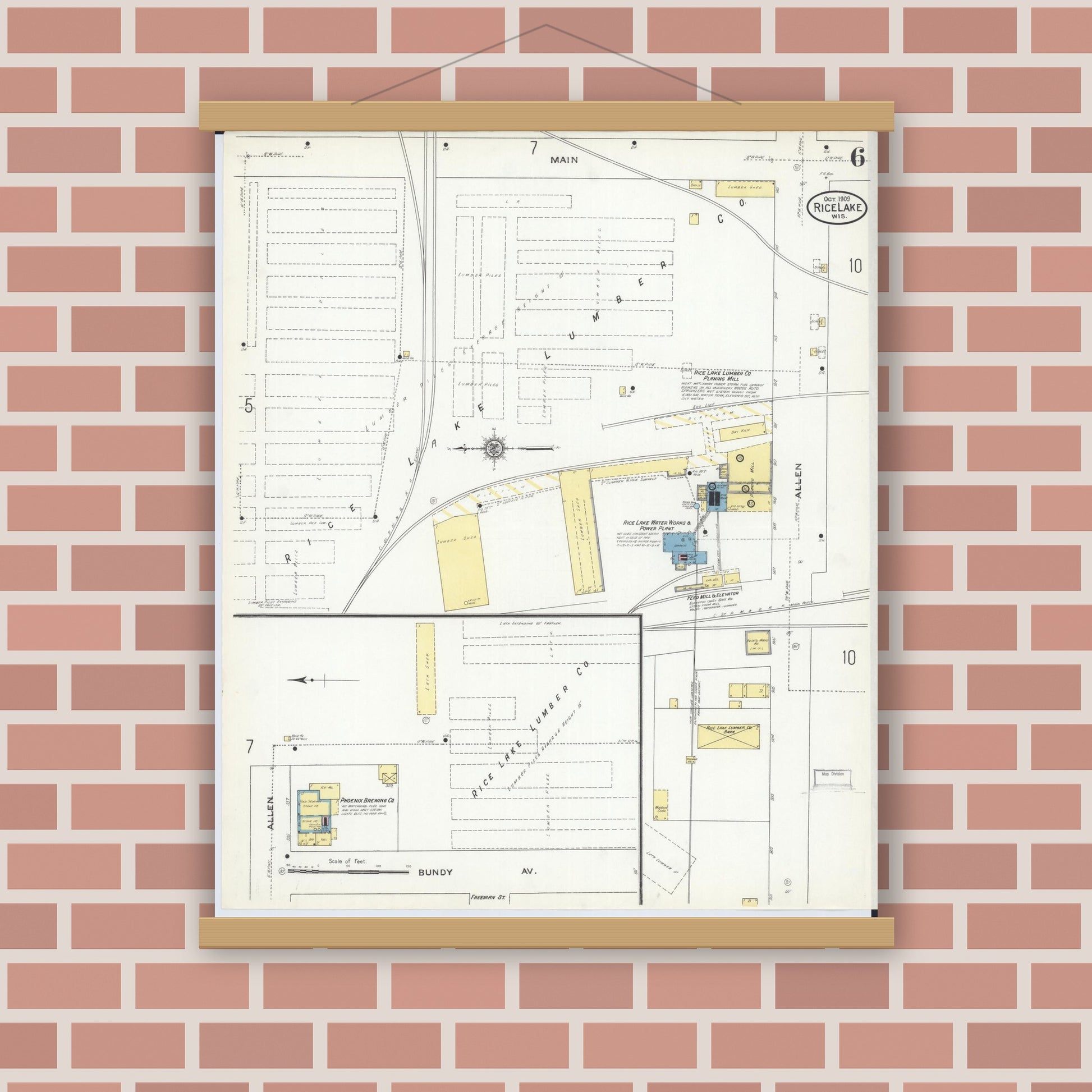 Old map wall art mockup — magnetic wood frame on brick wall — Sanborn Fire Insurance Map from Rice Lake, Barron County, Wisconsin (1909), Sheet #0006