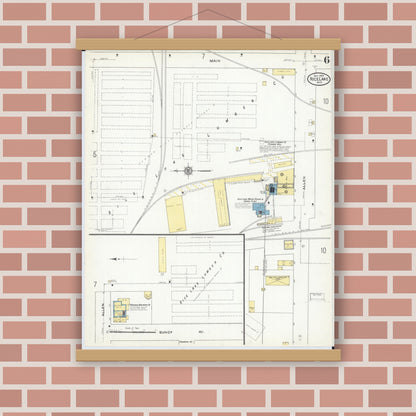 Old map wall art mockup — magnetic wood frame on brick wall — Sanborn Fire Insurance Map from Rice Lake, Barron County, Wisconsin (1909), Sheet #0006