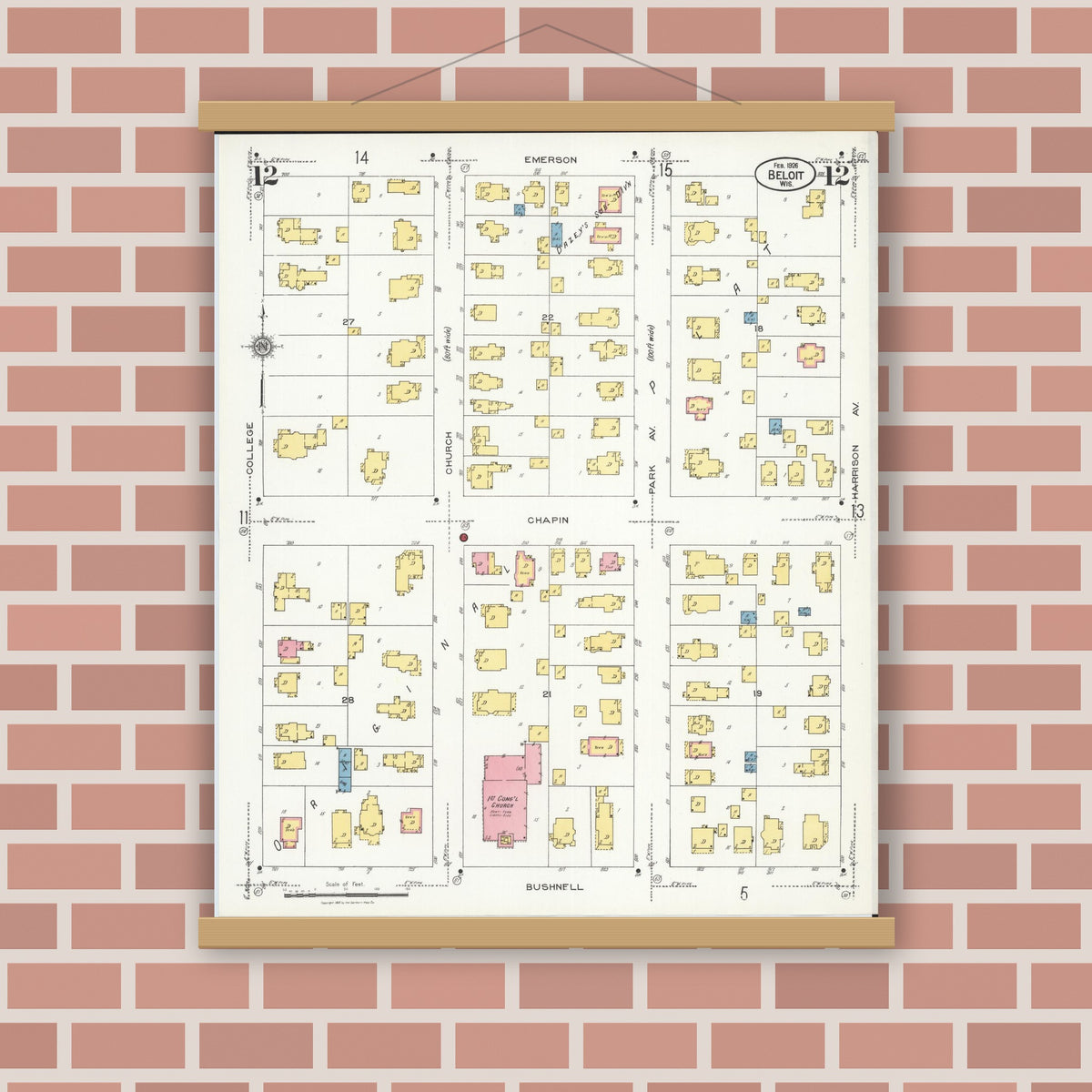 Old map wall art mockup — magnetic wood frame on brick wall — Sanborn Fire Insurance Map from Beloit, Rock County, Wisconsin (1926), Sheet #0012