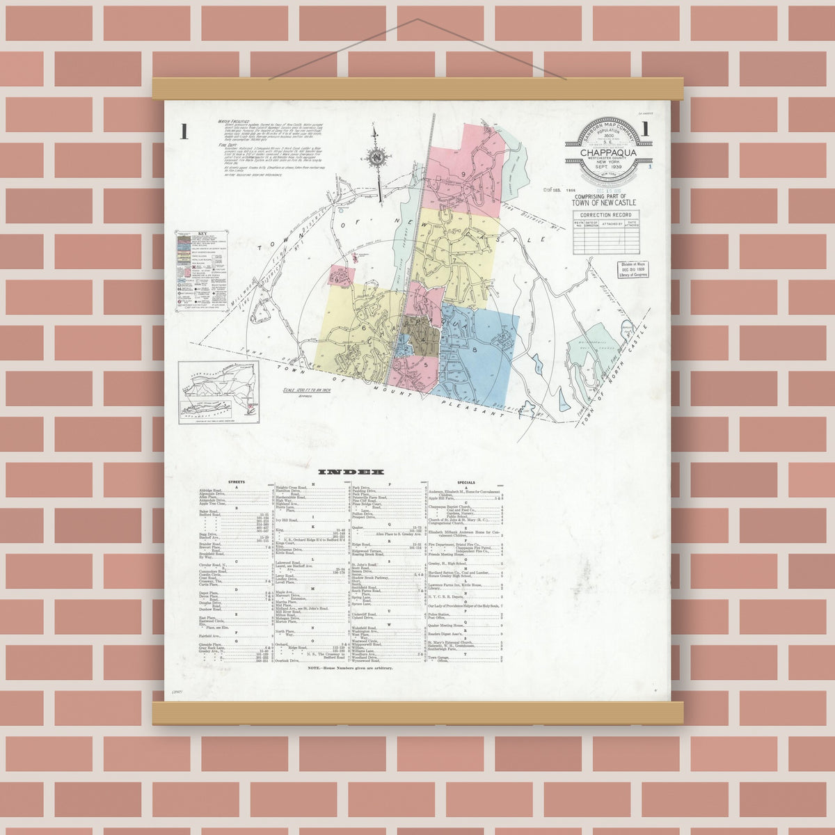 Old map wall art mockup — magnetic wood frame on brick wall — Sanborn Fire Insurance Map from Chappaqua, Westchester County, New York (1939) - Complete Map Set
