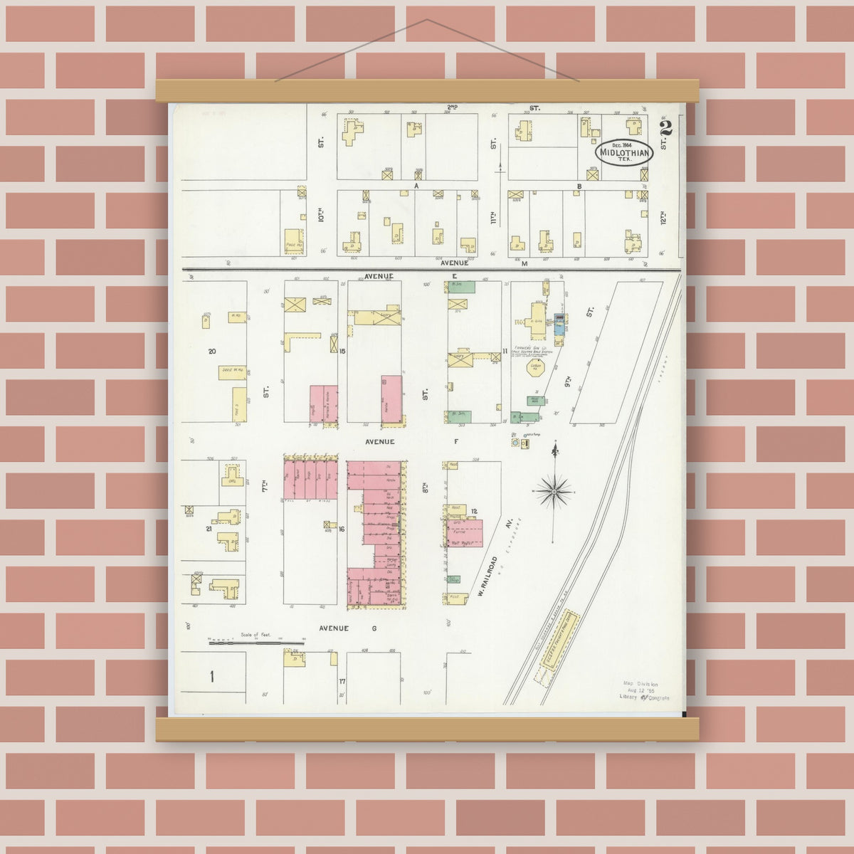 Old map wall art mockup — magnetic wood frame on brick wall — Sanborn Fire Insurance Map from Midlothian, Ellis County, Texas (1904), Sheet #0002