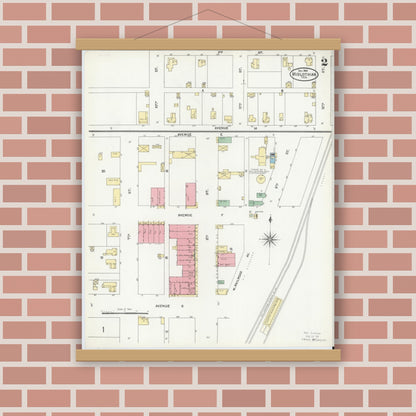 Old map wall art mockup — magnetic wood frame on brick wall — Sanborn Fire Insurance Map from Midlothian, Ellis County, Texas (1904), Sheet #0002