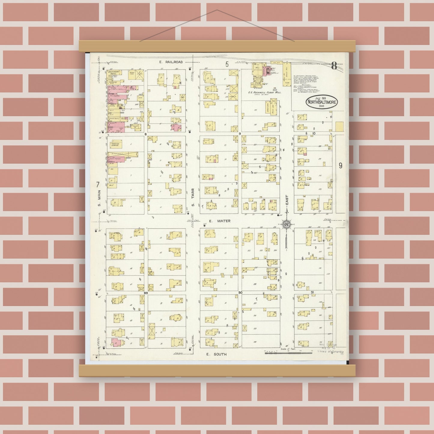 Old map wall art mockup — magnetic wood frame on brick wall — Sanborn Fire Insurance Map from North Baltimore, Wood County, Ohio (1913), Sheet #0008