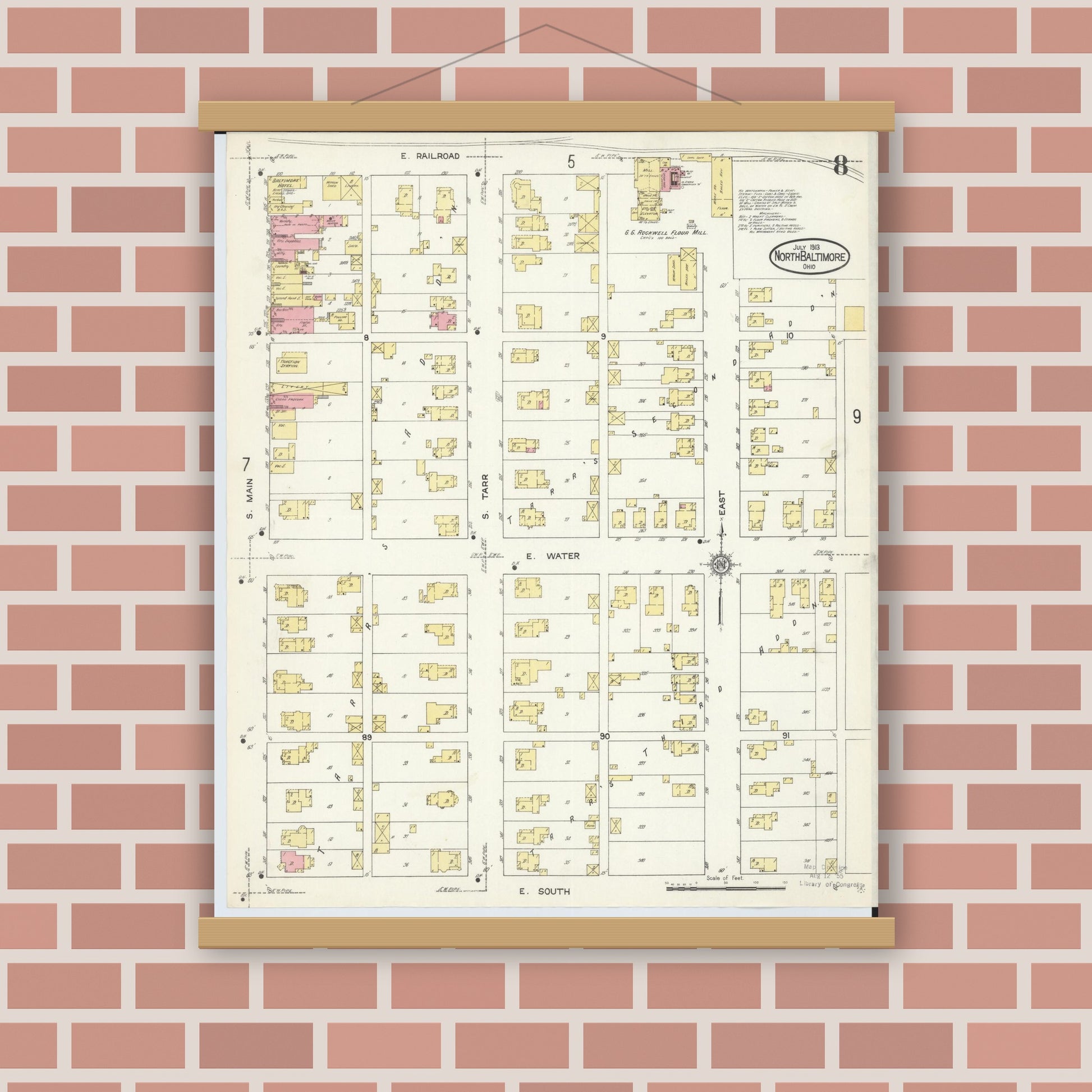 Old map wall art mockup — magnetic wood frame on brick wall — Sanborn Fire Insurance Map from North Baltimore, Wood County, Ohio (1913), Sheet #0008