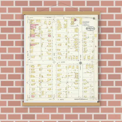 Old map wall art mockup — magnetic wood frame on brick wall — Sanborn Fire Insurance Map from North Baltimore, Wood County, Ohio (1913), Sheet #0008
