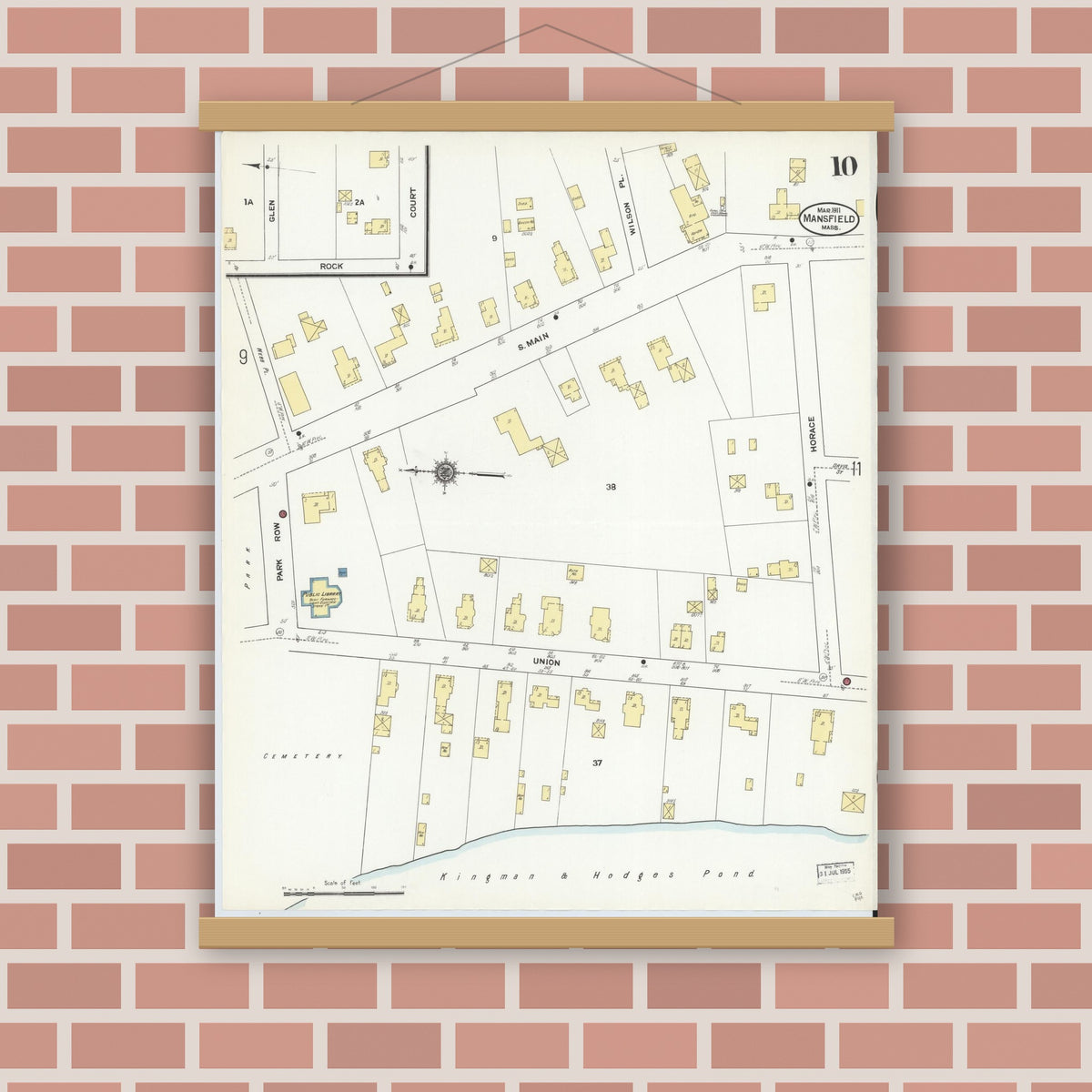 Old map wall art mockup — magnetic wood frame on brick wall — Sanborn Fire Insurance Map from Mansfield, Bristol County, Massachusetts (1911), Sheet #0010