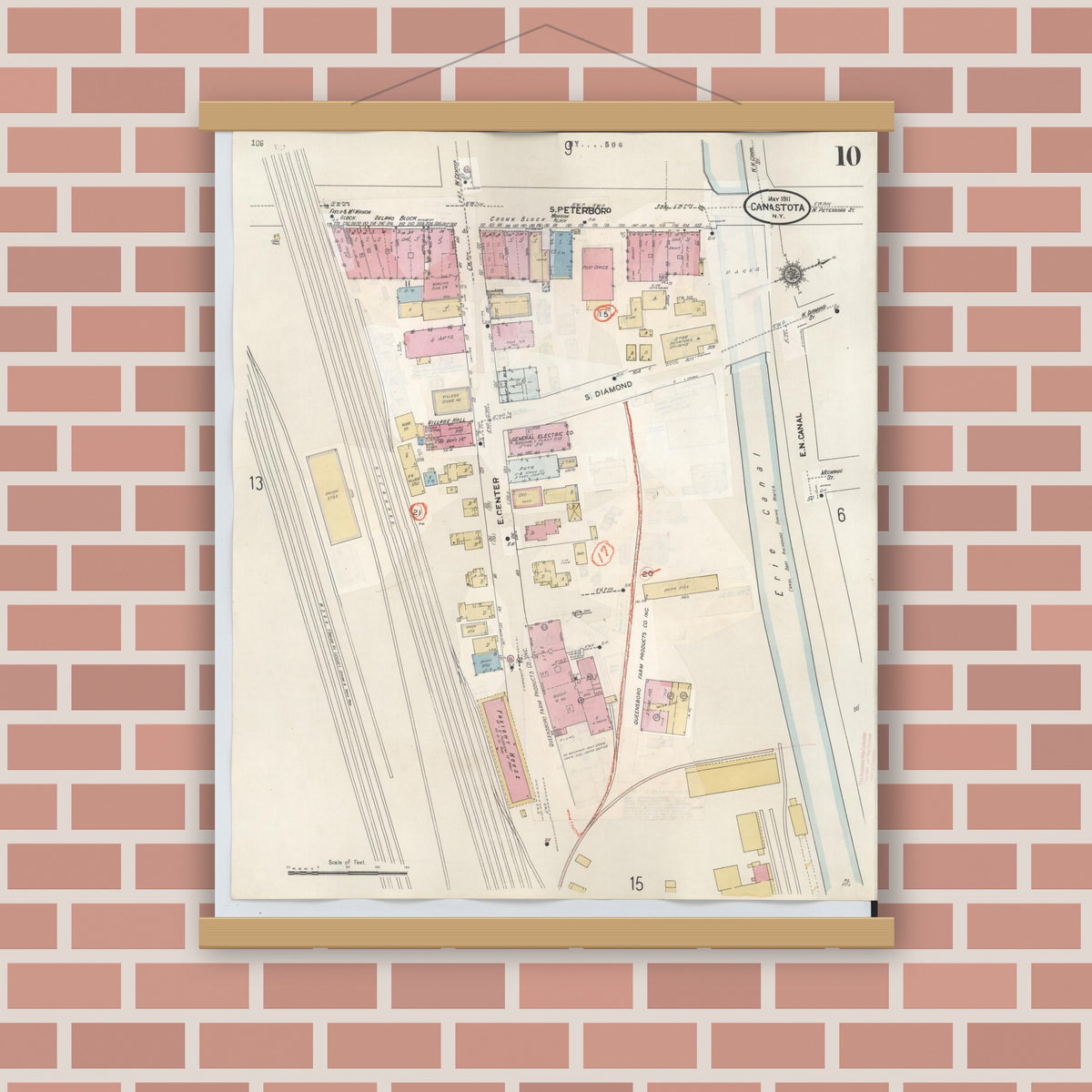Old map wall art mockup — magnetic wood frame on brick wall — Sanborn Fire Insurance Map from Canastota, Madison County, New York (1959), Sheet #0010