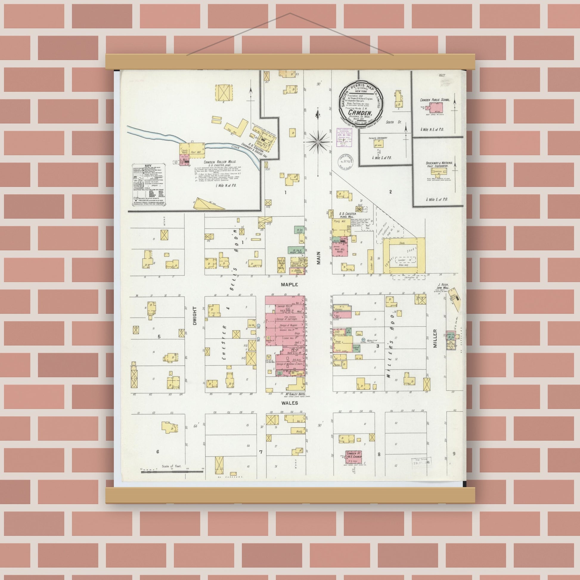 Old map wall art mockup — magnetic wood frame on brick wall — Sanborn Fire Insurance Map from Camden, Hillsdale County, Michigan (1901), Sheet #0001