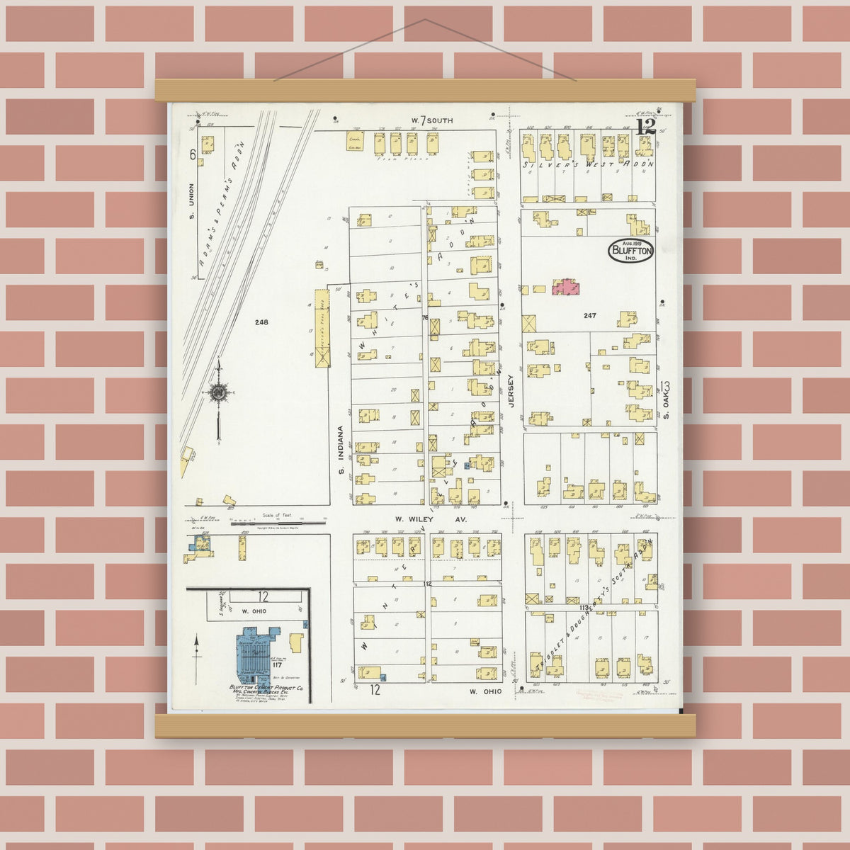 Old map wall art mockup — magnetic wood frame on brick wall — Sanborn Fire Insurance Map from Bluffton, Wells County, Indiana (1919), Sheet #0012