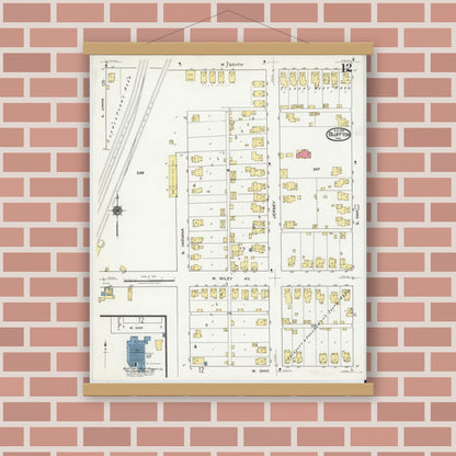 Old map wall art mockup — magnetic wood frame on brick wall — Sanborn Fire Insurance Map from Bluffton, Wells County, Indiana (1919), Sheet #0012