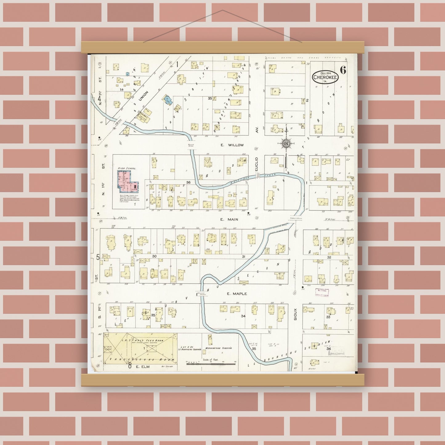 Old map wall art mockup — magnetic wood frame on brick wall — Sanborn Fire Insurance Map from Cherokee, Cherokee County, Iowa (1914), Sheet #0006