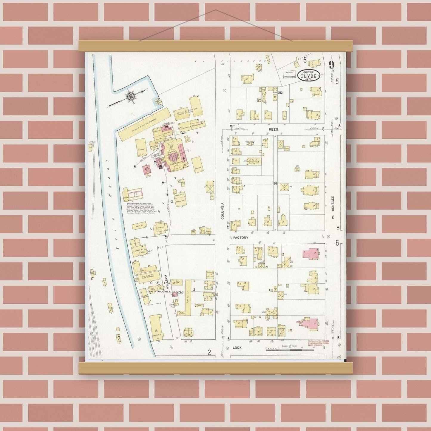 Old map wall art mockup — magnetic wood frame on brick wall — Sanborn Fire Insurance Map from Clyde, Wayne County, New York (1912), Sheet #0009