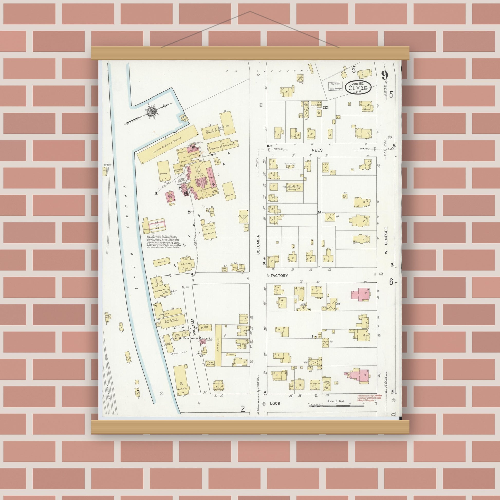 Old map wall art mockup — magnetic wood frame on brick wall — Sanborn Fire Insurance Map from Clyde, Wayne County, New York (1912), Sheet #0009