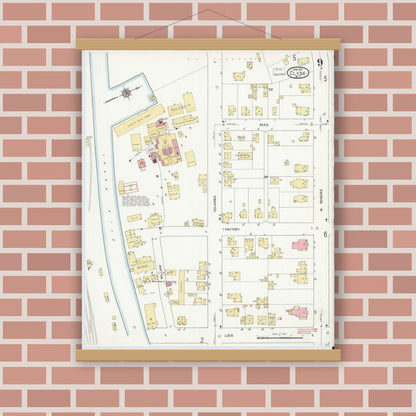 Old map wall art mockup — magnetic wood frame on brick wall — Sanborn Fire Insurance Map from Clyde, Wayne County, New York (1912), Sheet #0009