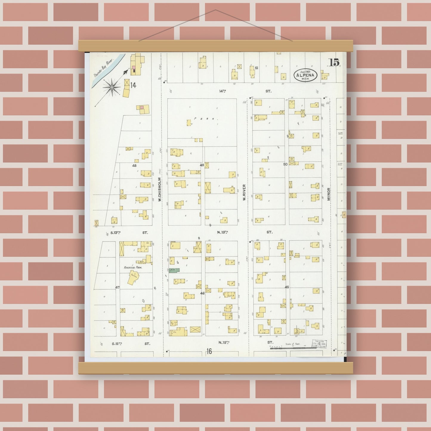 Old map wall art mockup — magnetic wood frame on brick wall — Sanborn Fire Insurance Map from Alpena, Alpena County, Michigan (1901), Sheet #0015
