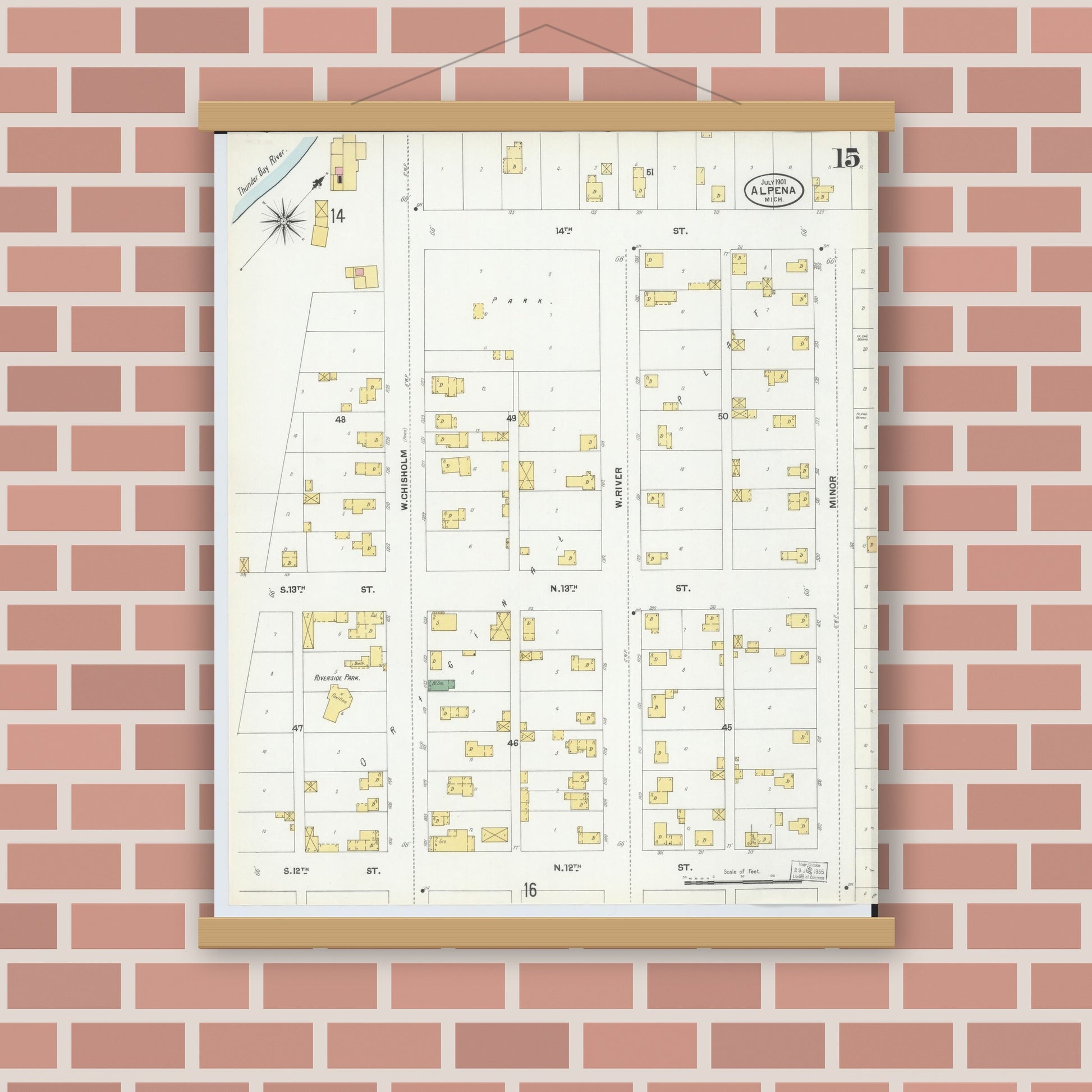 Old map wall art mockup — magnetic wood frame on brick wall — Sanborn Fire Insurance Map from Alpena, Alpena County, Michigan (1901), Sheet #0015